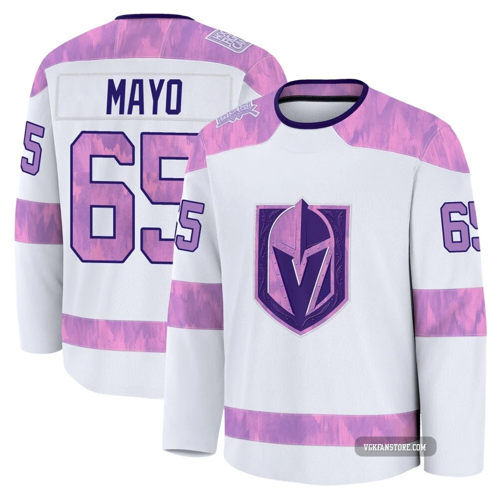 Men's Dysin Mayo ＃65 White Vegas Golden Knights 2024 Hockey Fights Cancer Practice Premium Jersey