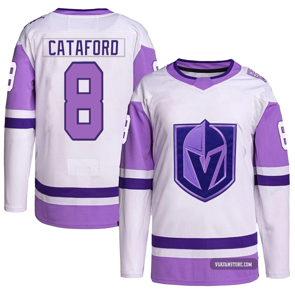 Men's Mathieu Cataford ＃8 Authentic White/Purple Vegas Golden Knights Hockey Fights Cancer Primegreen Jersey