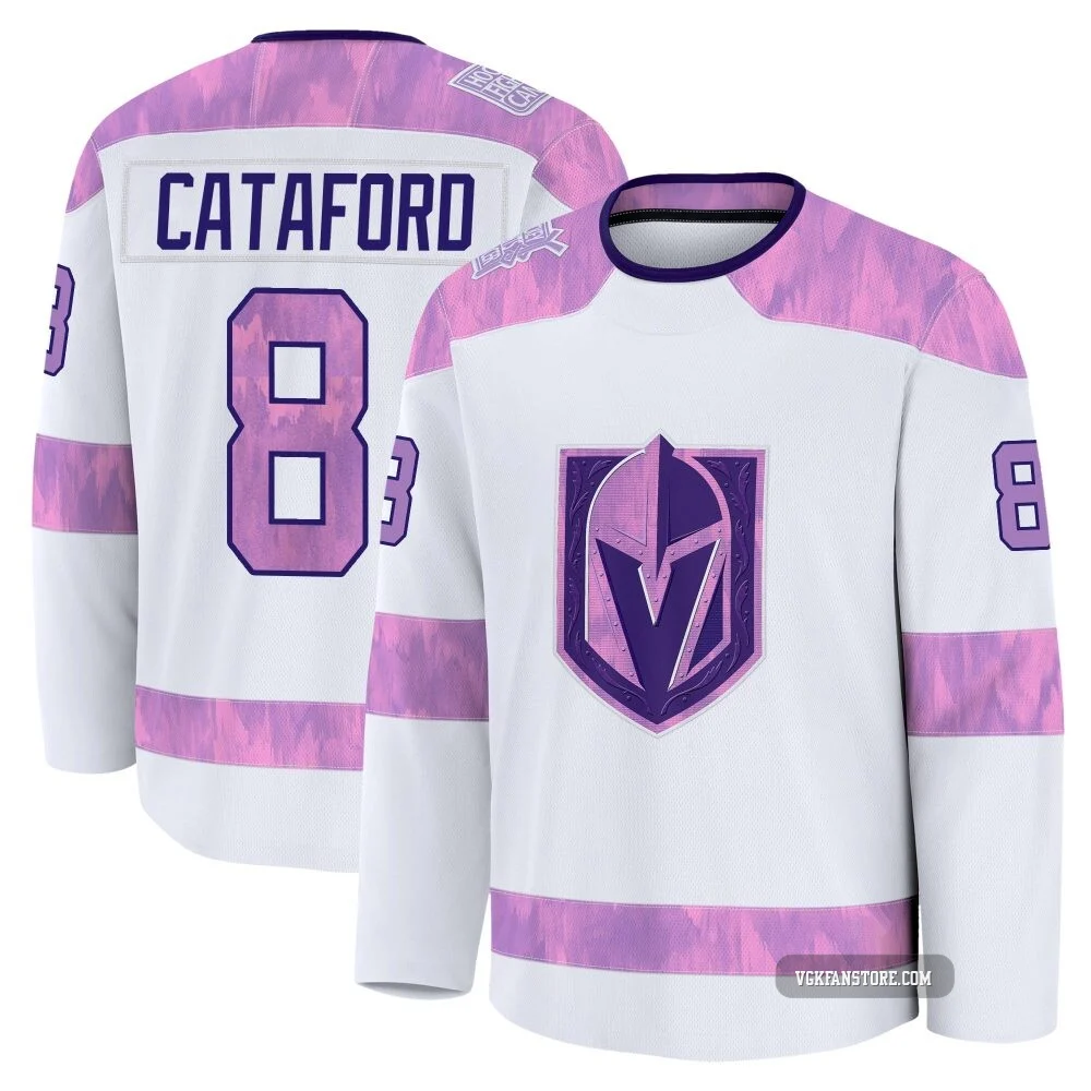 Men's Mathieu Cataford ＃8 White Vegas Golden Knights 2024 Hockey Fights Cancer Practice Premium Jersey